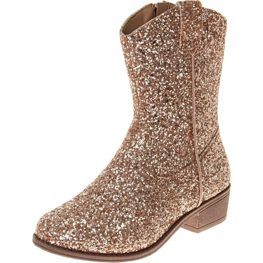 🆕Girls Rose Gold Glitter Manmade Glitter Cowgirl Mid Calf Cowboy Western Boots